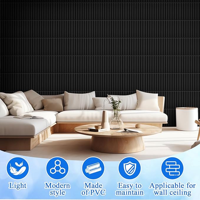 Nuanchu 32 Pcs 3D Slat Wall Panels 12 x 12 Inch PVC Fluted Textured Panel Cuttable Paintable DIY Wall Art Decorative Tiles for Ceiling Studio Bathroom Interior TV Background (Black)