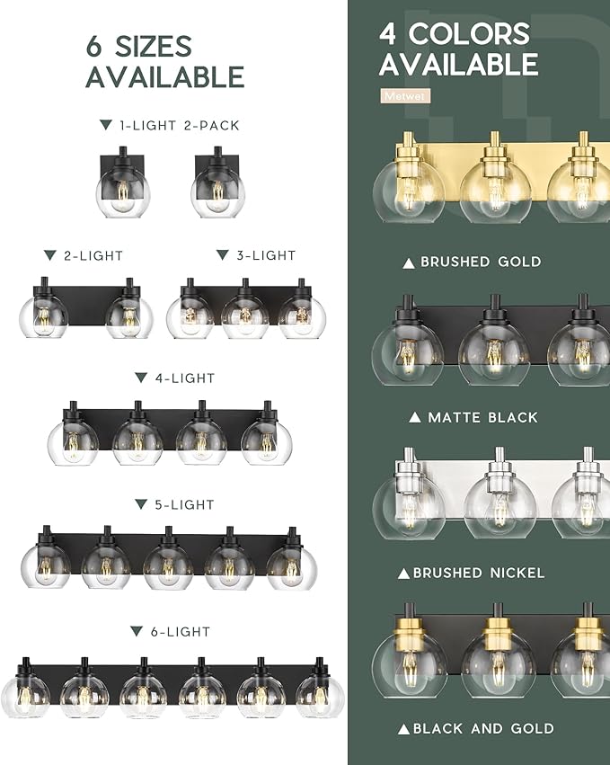 METWET Bathroom Light Fixtures, 6 Light Matte Black Vanity Light, 38 Inch Modern Wall Sconces with Globe Clear Glass Shade, Vanity Lighting Fixtures Over Mirror, VL195-MB-6