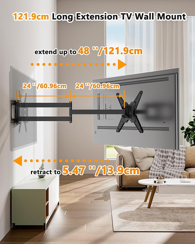 Extra Long Arm TV Wall Mount 48'' Extension, Rotating TV Wall Mount 180° Heavy Duty Full Motion for 26''-65'' Screens, VESA 400x400mm, Load 110 lbs, 16''Wood Stud/Concrete/Brick Wall, WHYFONE
