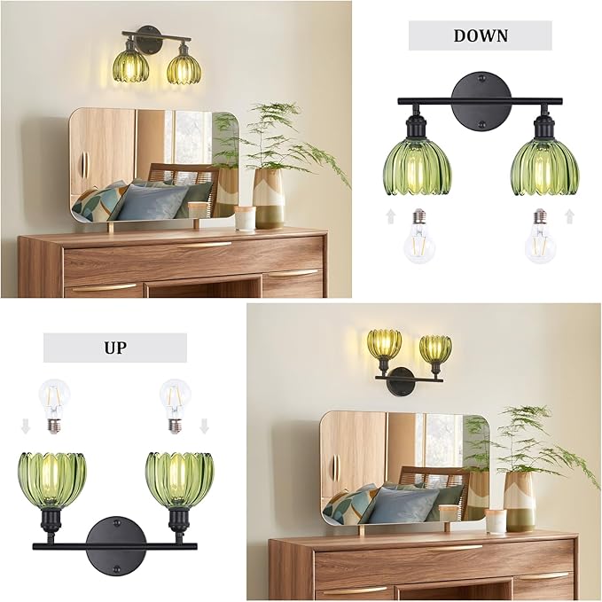 Shenmoyl Bathroom Light Fixtures, 2-Light Black Vanity Wall Light Over Mirror with Green Tulip Glass Shade for Bedroom Living Room (Bulb Not Included)