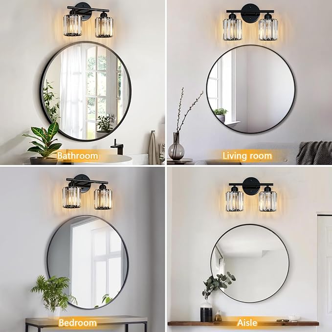 FDPBY Modern 2 Light Crystal Vanity Light, Plating Black Vertical Bathroom Light Fixture Over Mirror for Dressing Table Sink, Compatible with Dimmable Bulbs (Bulbs Not Included)