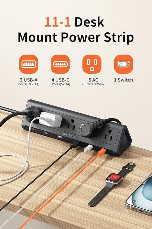 10 FT Desk Clamp Power Strip with 5 AC Outlets & 6 USB Ports PD 40W USB-C Fast Charging, 1250J Surge Protector, Fits 2.1 in top Edge Black