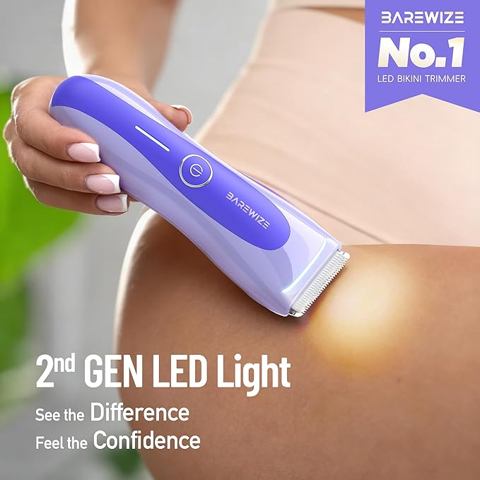 BAREWIZE Bikini Trimmer for Women, Electric Shaver for Women | LED Light, IPX7 Waterproof, USB-C Rechargeable, Ceramic Blade | Electric Razors for Women, Pubic Hair Trimmer Women (Violet Haze)