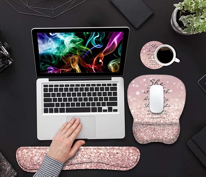 ERWYTYIOI Ergonomic Mouse Pad Wrist Support and Keyboard Wrist Rest Set with Coasters, Non-Slip PU Base, Easy Typing & Pain Relief for Computer Laptop Home Office, Bible Verses Proverbs 31:25