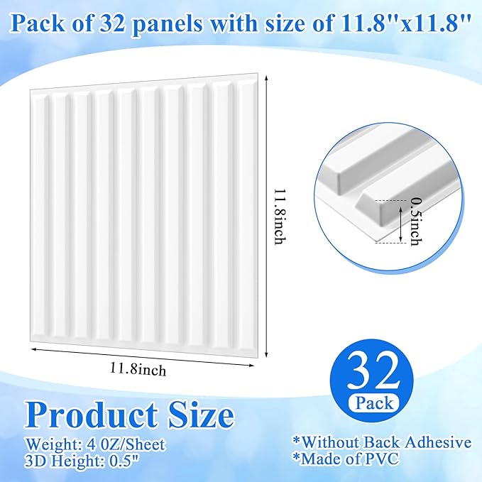 Nuanchu 32 Pcs 3D Slat Wall Panels 12 x 12 Inch PVC Fluted Textured Panel Cuttable Paintable DIY Wall Art Decorative Tiles for Ceiling Studio Bathroom Interior TV Background (White)