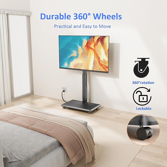 Afaloona Rolling TV Stand with Power Outlet, Mobile TV Stand for 32-75 Inch TVs up to 110 lbs, 30° Swivel TV Floor Stand, 18 Adjustable Heights, TV Cart on Wheels for Bedroom, Office, Outdoor, Black