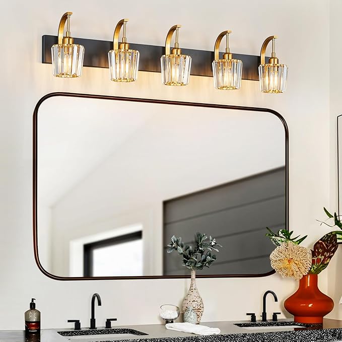 FDPBY Modern Bathroom Vanity Light, 5-Light Black Gold Wall Sconce with Crystal Accents, Over Mirror Bathroom Lighting Fixture, 42.52" Long Dimmable Vanity Lamp for Makeup, Easy Installation