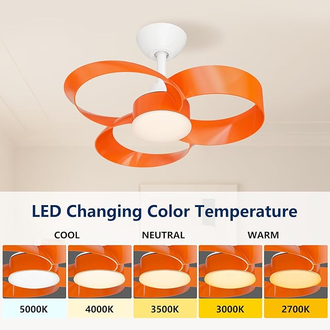 FANX 22 Inch Ceiling Fan with Light and Remote, Quiet DC Motor, Dimmable LED, Reversible 3-Speed Control, Easy Installation Flush Mount Fan for Small Rooms (Tangerine)