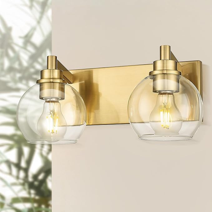 METWET Bathroom Light Fixtures, 2 Light Brushed Gold Vanity Light, Modern Wall Sconces with Clear Glass Globe Shade, Bathroom Wall Lights Over Mirror Kitchen Bedroom Hallway, VL195-GD-2