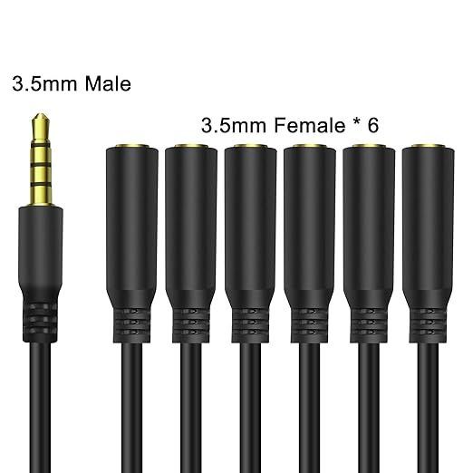 MEIRIYFA 3.5mm Splitter Cable 1 to 6 Ways,1/8 inch 4-Pole/3-Rings TRRS 1 Male to 6 Female Audio Stereo Splitter Extension Cable 3.5mm Audio 1 Input 6 Output Headphone Headset Extender Cord （30CM）