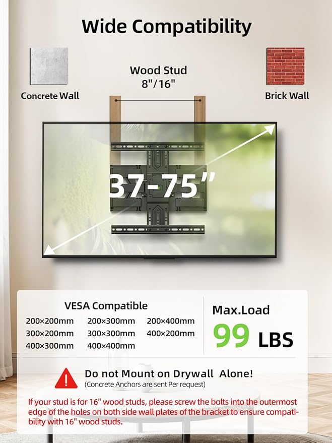 USX MOUNT Ultra Slim TV Wall Mount 37-75 Inch TVs Mount with Swivel and Tilt, Low Profile Full Motion Bracket with Articulating Dual Arms, Up to VESA 400X400 mm Max 16" Wood Studs, Holds 99lbs