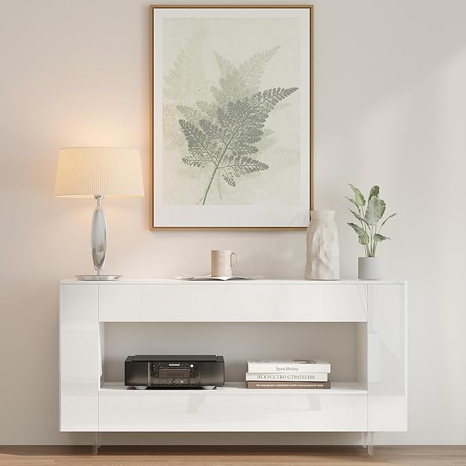 Vavkorkula High Gloss TV Stand for 65 Inch with 2 Large Drawers & Hidden Storage Cabinets, Modern Entertainment Center Television Stands for Living Room Bedroom, White