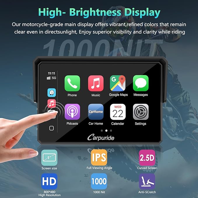 CARPURIDE W502BS PRO for BMW Motorcycle CarPlay & Android Auto Dual Bluetooth, 5" Waterproof GPS Navigation Screen, Data Reading, Native Wonder, TPMS, Light Sensor, Music Sharing, Intercom