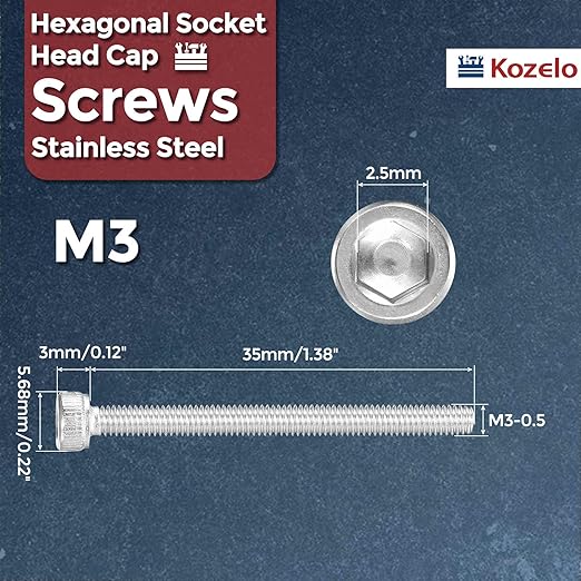 Kozelo 30pcs Socket Head Cap Screws - [M3-0.5 x 35mm] 304 Stainless Steel Allen Socket Drive for Electrical Motor 3D Printing Fan Engine Replacement Use, Silver