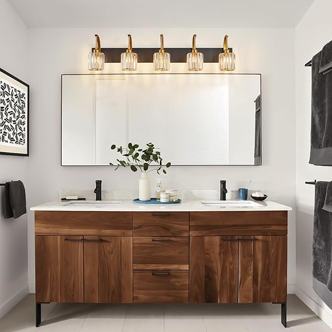 FDPBY 5-Light Crystal Vanity Light, Modern Black Gold Bathroom Wall Sconce with K9 Crystal Shades, 42.51" Long Over Mirror Lighting for Vanity, Makeup, Hallway, Elegant & Easy Installation