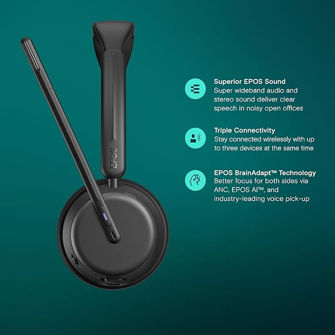 EPOS Impact 1060T ANC Adaptive Noise Cancelling Wireless Headset for PC with Active Noise Cancellation, EPOS AI™ Mic, Super Wideband Audio, Bluetooth, Wireless Charging, Microsoft Teams Certified