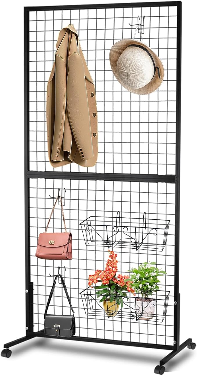 ktondic 3'×6' Double-Layer Grid Panels for Display, Movable Gridwall Panels Tower with T-Base Stand, Sturdy Wire Grid Wall Panels Metal Art Display Racks for Retail Displays Craft Shows