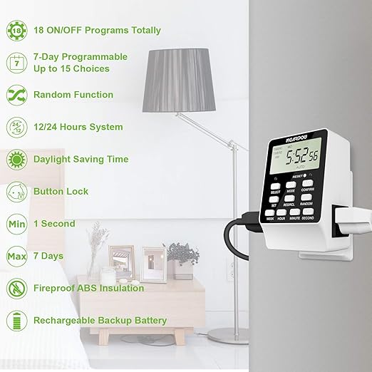 Outlet Timer, NEARPOW Dual Digital Light Timer with 2 Independently-controlled Outlets, 18 ON/OFF Programs, 24-Hour and 7-Day Programmable,Indoor Heavy Duty Electrical Timer Switch, 3 Prong, 15A/1800W