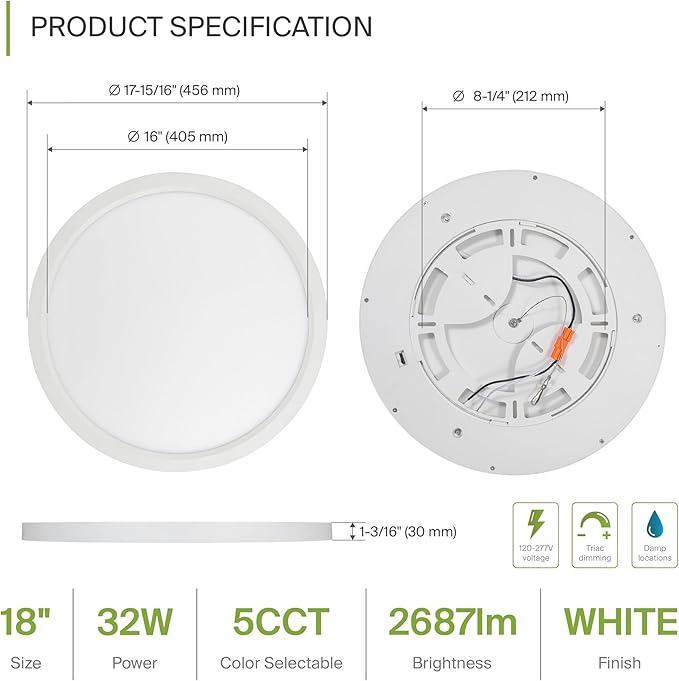 ASD LED 18" Round Flush Mount Ceiling Light Fixture, Low Profile Surface Lighting | 5CCT, Dimmable, Ultra-Thin, ETL Listed | 32W 2600LM 2700-6000K 100-277V | Kitchen, Bedroom, Hallway Lamp | White