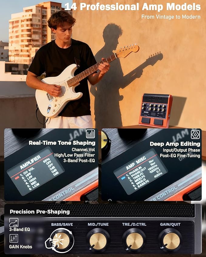 JOYO 10W Portable Guitar Practice Amp & Multi-Effects Pedal Combo Amplifier with Footswitch,OTG Recording, Bluetooth,14 Amp Models,3-Band EQ,36 Drum Patterns & Looper (JAM Buddy II, Orange)