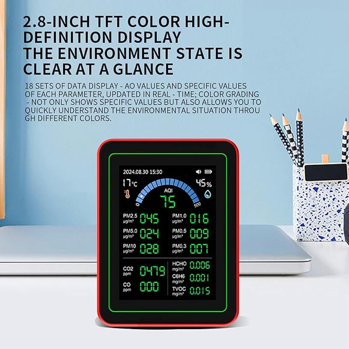 Air Quality Meter 18 in 1 Portable Battery Powered Indoor Air Quality Monitor with CO2 TVOC HCHO PM2.5 PM10 Temp Humidity Detection Data Storage for Home Office School