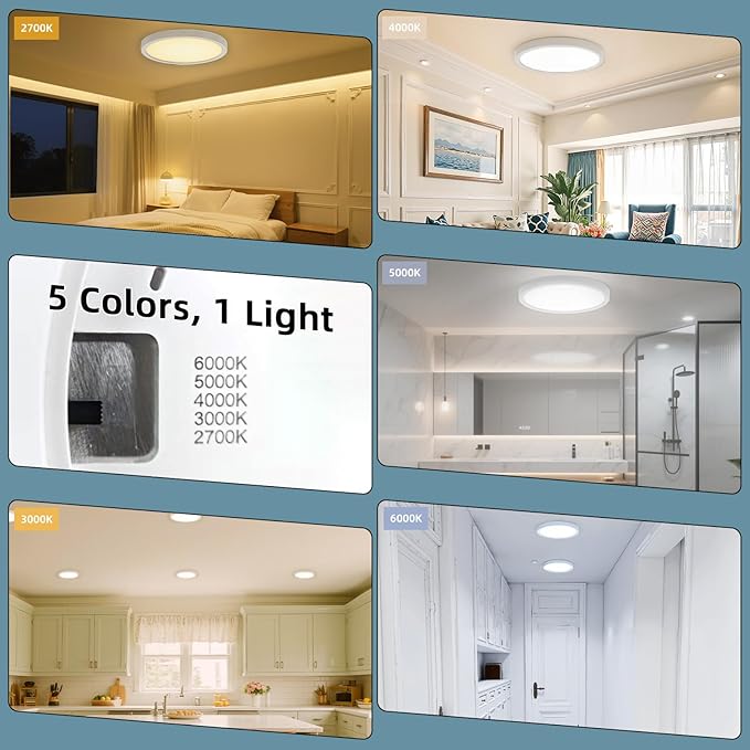 TOPELER 12 Inch Flush Mount Ceiling Light, 5 Color Temperatures Selectable (27K/30K/40K/50K/60K), 28W 2400Lm Dimmable Ultra-Thin Round Lighting Fixture for Kitchen, Stairwell, Porch, Basement