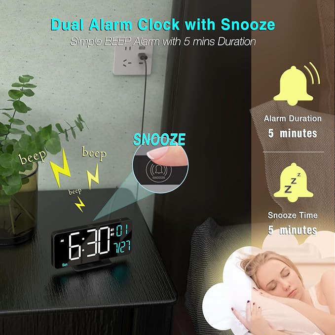 KOSUMOSU Digital Clock for Bedroom 6.7in Small Digital Alarm Clock Black, Dimming,12/24h,Date,Day of Week, Indoor Temperature,Desk Clocks for Classroom, LED Clocks for Living Room, Digital Calendar