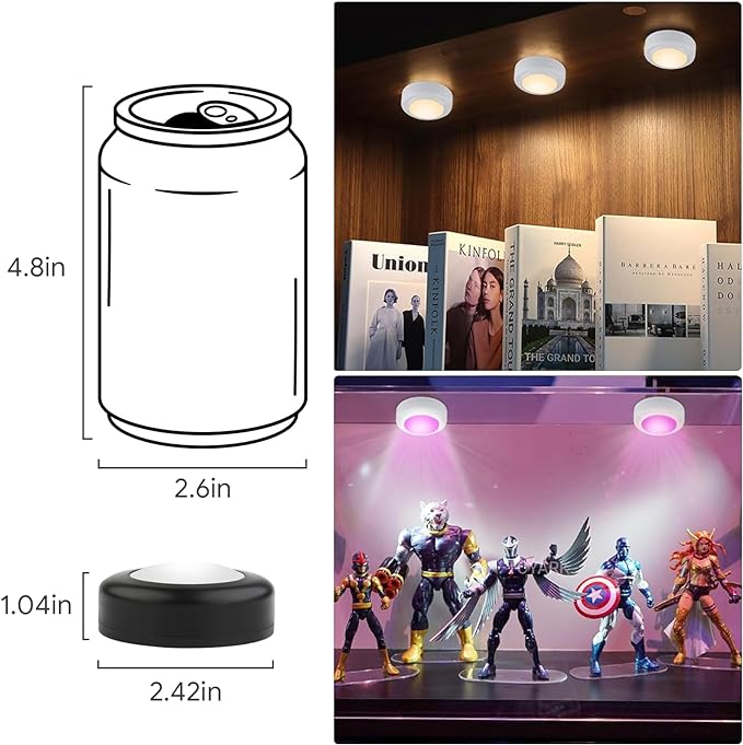 Yiliaw 6 Pack LED Puck Lights Remote Control 16 Color Changeable Under Cabinet Lights, Battery Operated Lights Night Light with Dimmer & Timmer for Closet Bedroom Kitchen, Black