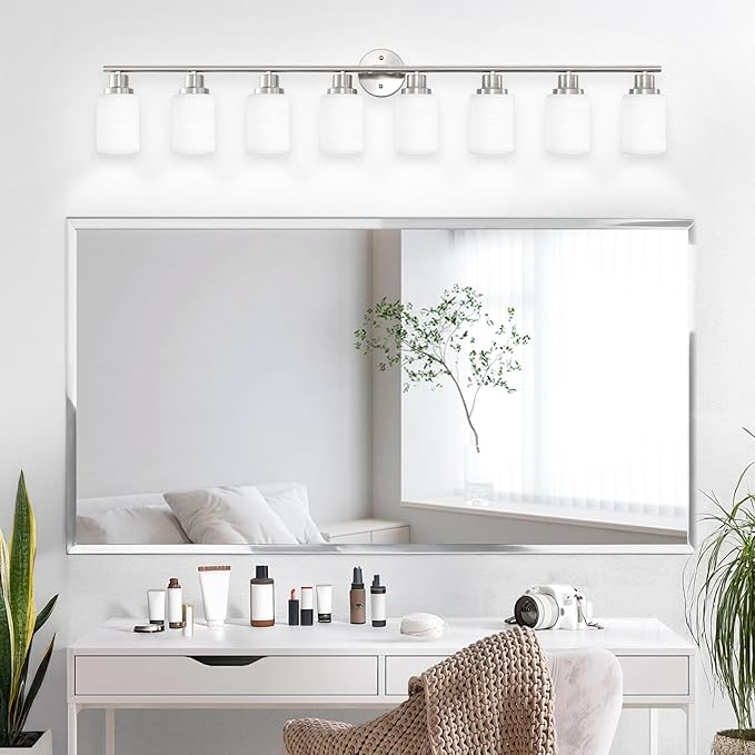 Guliaofo 8-Light Vanity Lights, Brushed Nickel Bathroom Light Fixture with Striped Textured Milky White Glass Shade, E26 Modern Vanity Lighting Fixture for Bathroom Wall Sconce Light Over Mirror