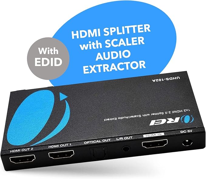 OREI 1x2 2.0 HDMI Splitter with Scaler Audio Extractor 2 Ports with Full Ultra HDCP 2.4K at 60Hz & 3D Supports EDID Control - UHDS-102A