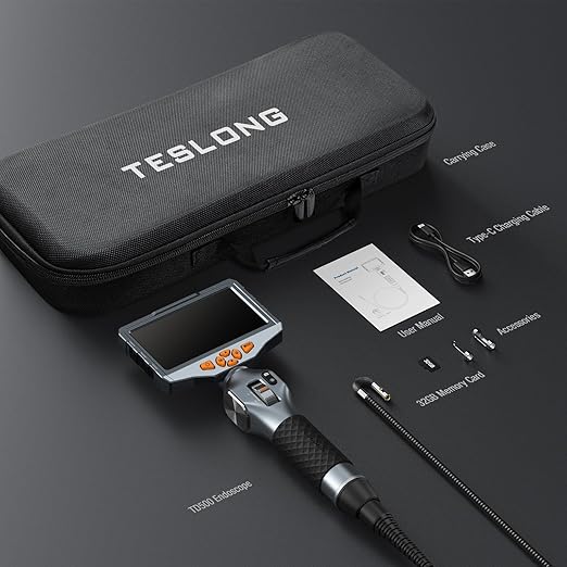 Articulating Borescope with Dual Lens Endoscope, Teslong 5-inch IPS Automotive Inspection Camera with Two-Way Articulation Tip, 6+1 LED Lights, Mechanics Fiber Optic Scope-Dia. 0.25 inch & L 5.0 feet