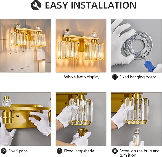FDPBY Gold Bathroom Vanity Lights Crystal Vanity Light Bathroom Lighting Fixtures 2 Light Modern Vanity Lighting Fixtures