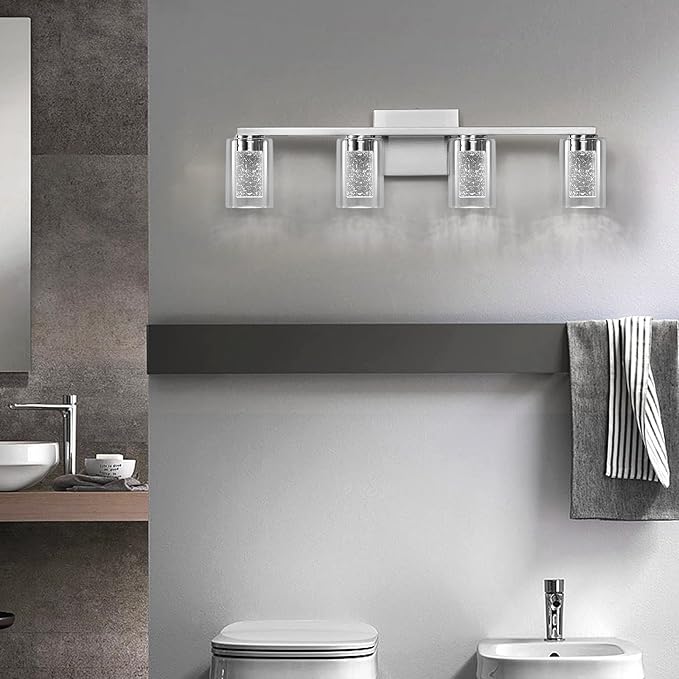 SADENICEL 4-Light Bathroom Light Fixtures, Brushed Nickel, Dimmable LED White/Neutral/Warm Crystal Bathroom Vanity Lights Over Mirror, for Bedroom,Living Room