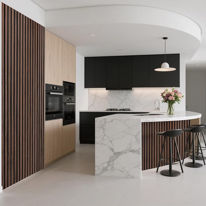 Art3d 1-Pack Acoustic Wood Slat Wall Panel with Roll-Flat Design - 95.3 x 23.8 Inch Sound Absorbing Panels for Living Room Columns Corridor Curved Wall Decor, Walnut