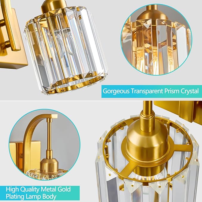 FDPBY Bathroom Crystal Vanity Lights 2-Light Gold Wall Lamp Modern Crystal Bathroom Light Fixtures Over Mirror 13.77" Long Wall Sconce
