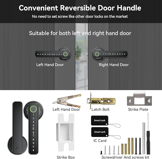 GEKRONE Fingerprint Smart Lever Lock TUYA APP Control Keyless Entry Bluetooth Touchscreen Indoor Handle Biometric Electronic Digital Door Knob with Keypad Suitable for Hotel Office Apartment Bedroom