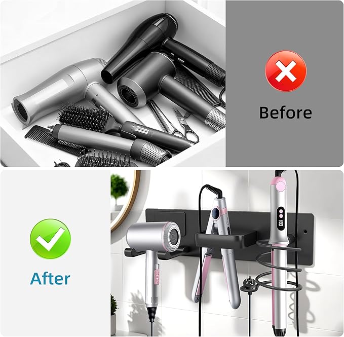 Dovyn Blow Dryer Holder Wall Mount, 3 in 1 Bathroom Hair Tool Organizer with Curling Iron Holder & Flat Iron Holder, Universal Hair Dryer Holder Rack Storage Matte Black