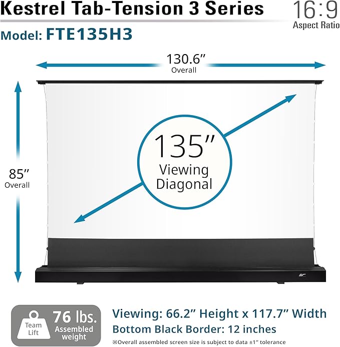 Elite Screens Kestrel Tab-Tension 3 CineWhite, 135 inch 16:9 Aspect Ratio, ISF Certified, Electric Floor-Rising Motorized Tab-Tensioned Front Projector Screen, Programmed Remote Kit, FTE135H3