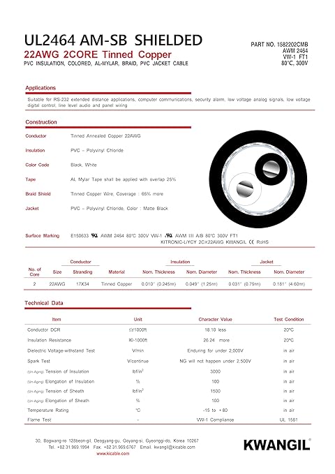 KWANGIL 2C 22AWG AMSB Shielded Cable Wire (UL2464) - Highly Flexible Str TC, PVC Ins, OS+TC BRD, PVC JKT for CNC Machine, Stepper Motor, VFD Spindle (Matte Black 100FT)