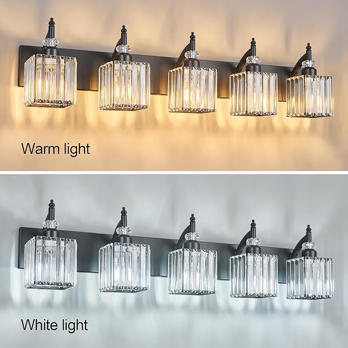 BBLLWJ Crystal Vanity Lights - Black 5 Light Modern Bathroom Vanity Light Fixtures Over Mirror