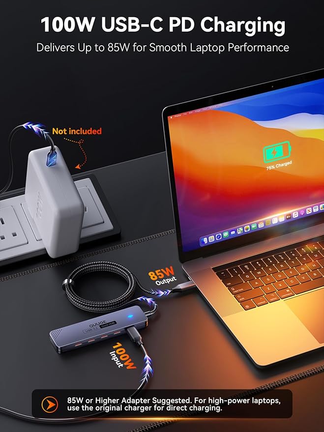 USB C Hub 10Gbps, QUUGE 5-in-1 USB Splitter with 4 USB-C 3.2 and PD 100W Charging, Fast Transfer Aluminum Multiport Type-C Adapter with 100cm Nylon Cable for MacBook Air/Pro, iPad, Surface Pro, XPS