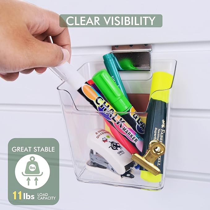 Clear Slatwall Bins, 4 Pack Slat Wall Accessories Cups Hooks Assemble Set Fit Most Slat Board Storage Systems Transparent Display Hanging Holder Organizers for Garage Shed Office Craft Tool (Medium)
