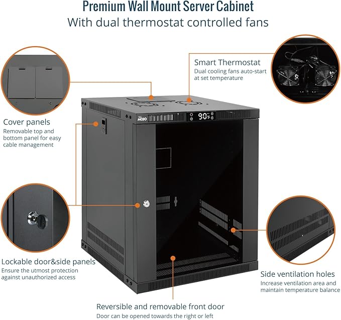 Tecmojo 12U Wall Mount Rack with Thermostat, 17.7inch Depth Enclosed Server Cabinet with 2 Cooling Fans,Lockable Door & Hardware,12U Rack for 19inch Equipments,Glass Door