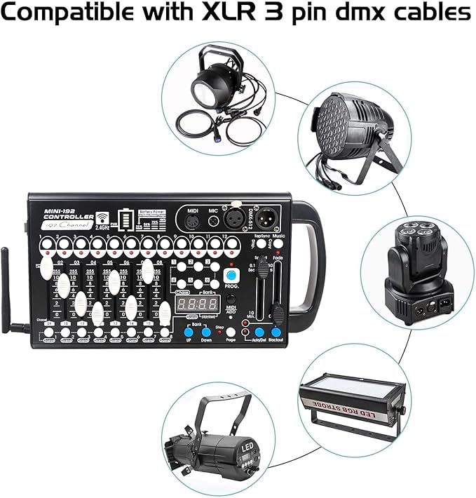 Battery DMX Controller Wireless with MIDI, DMX Board 512 Light Controller for Dj Lights, Dmx512 Lighting Console 192ch with Built-in Battery for Control Stage Light