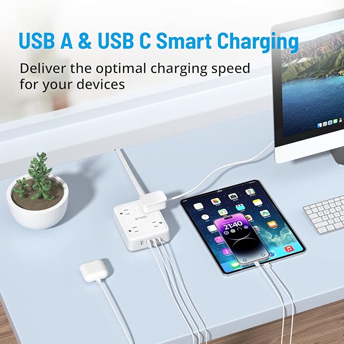 TROND Surge Protector Power Strip with USB, Ultra Thin Flat Plug 5ft Extension Cord 1625W, 3 USB A & 1 USB C, 8AC Outlets 1440J Surge Protection Wall Mount for Home Office Dorm Room Essentials, White