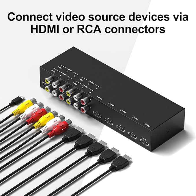 8 in to 1 Out RCA/HDMI Switcher，4 Way HDMI 2.0 + 4 RCA to HDMI Converter，4:3/16:9 Switcher Support 4K and 3D for PS1/2/3/4/5, N64, SNES, Switch, DVD, Roku, Fire Stick，etc.