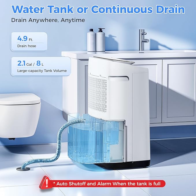WHOY 5000 Sq.Ft Dehumidifier for Basements 100 Pints, with 2.15 Gallons Water Tank with Darin House and App Control, Smart Compressor Quiet Operation Ideal for Living room, Bathrooms,Home