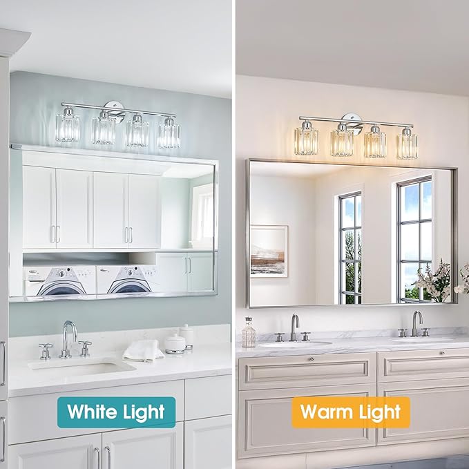 FDPBY Modern 4 Light Crystal Vanity Light, Chrome Vertical Bathroom Light Fixture Over Mirror for Dressing Table Sink, Compatible with Dimmable Bulbs (Bulbs Not Included)