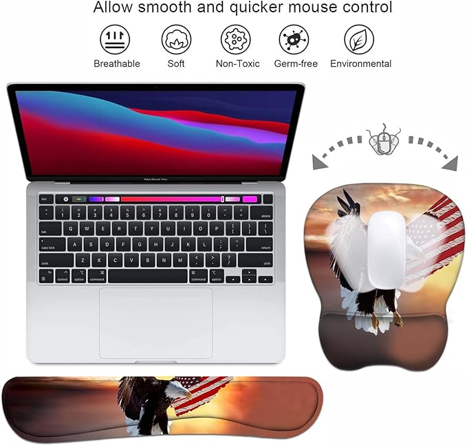Ergonomic Mouse Pad Wrist Support and Keyboard Wrist Rest Set with Coasters, Non-Slip PU Base, Easy Typing & Pain Relief, Perfect for Home Office Working Studying, Patriotic American Flag Bald Eagle