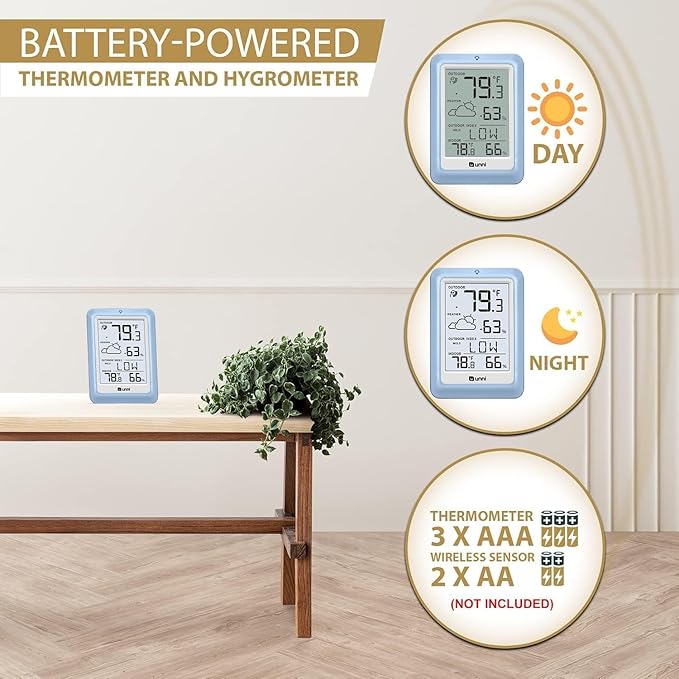 Indoor Outdoor Thermometer Wireless Weather Station, Temperature Humidity Monitor Battery Powered with 330ft Range Remote Sensor and Backlight Display（Light Blue）